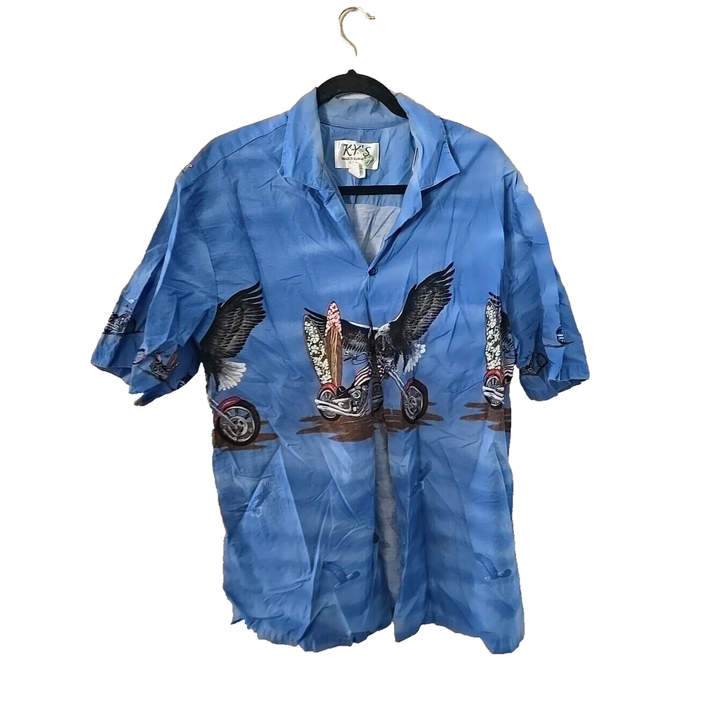 KY'S Blue Eagle Motorcycle Hawaiian Short Sleeve Button Down Shirt Men's Size XL